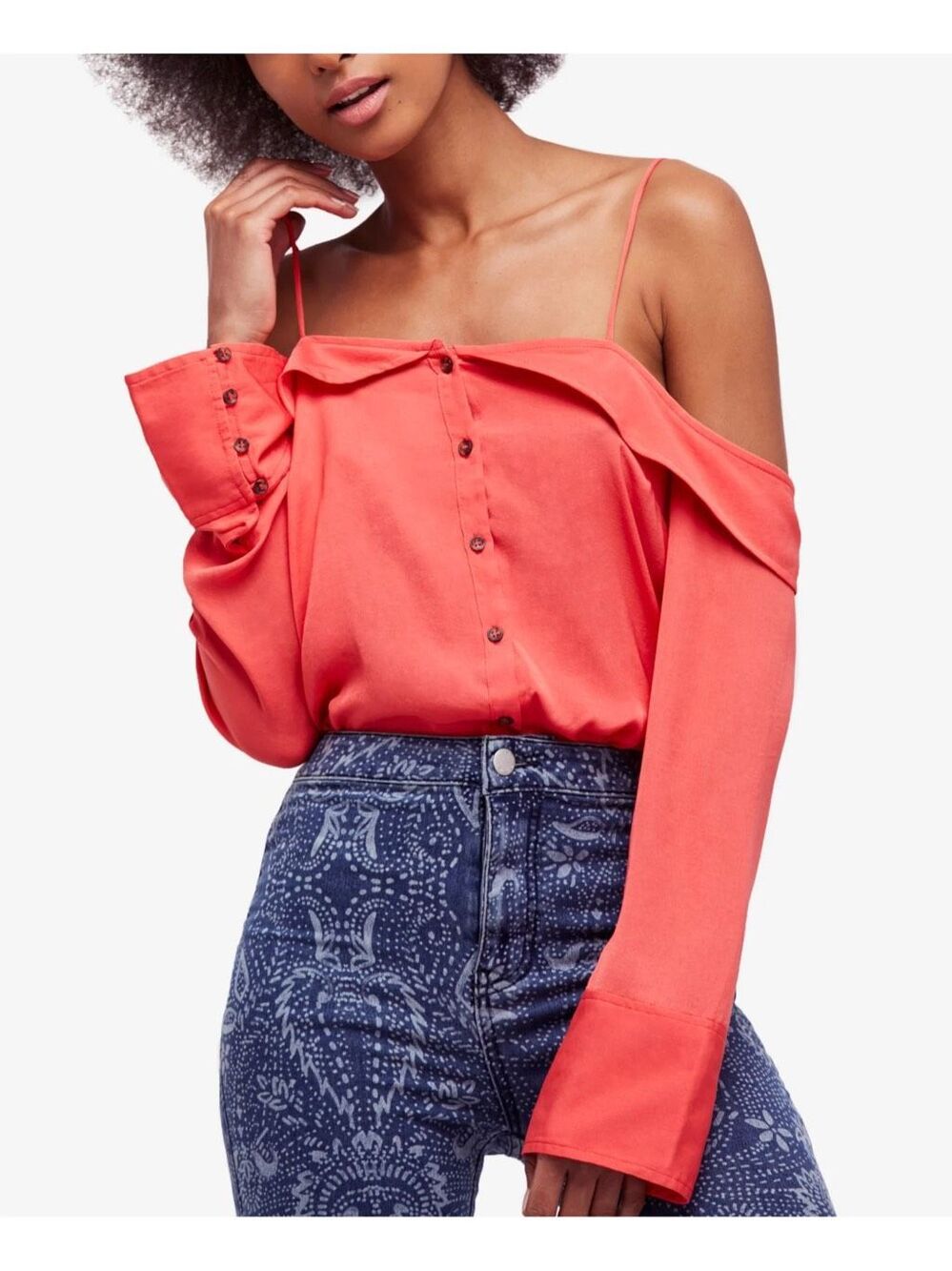 Free People Walk This Way Blouse Coral Cold Shoulder Layered S NEW